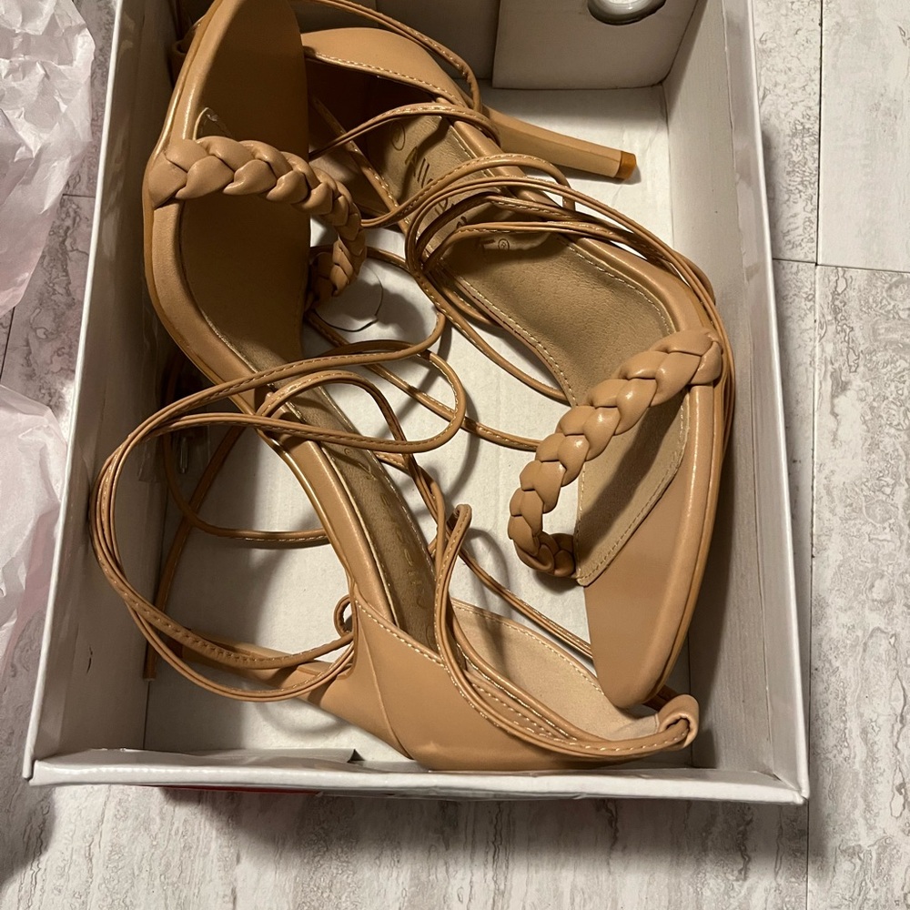 Allegra K Tan Heels Strappy Design